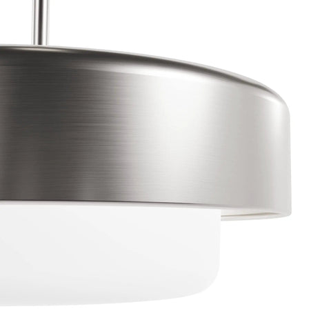 Close-up of the Station 2-Light Brushed Nickel Drum Pendant Light With Dimmable Feature, highlighting brushed nickel and frosted glass shade.