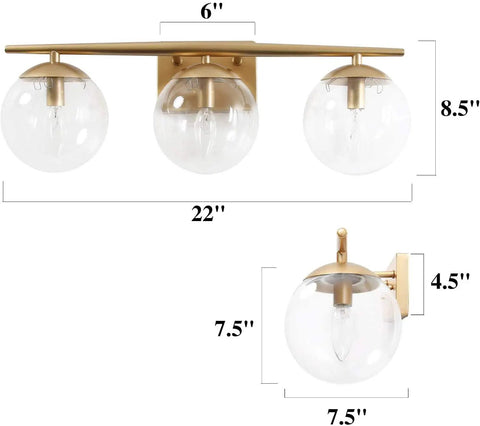 Three Light Gold Vanity Light Fixture With Clear Globe Glass Shades And Slim Taper Arm, showing measurements and sleek gold finish.