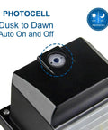 Closeup of 18W LED Outdoor Wall Pack Light With Dusk To Dawn Sensor, 2160 Lumens, 5000K Daylight, featuring photocell sensor