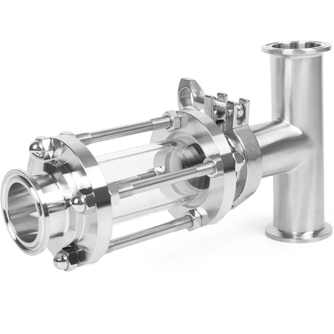 Side view of stainless steel inline sight glass with 1.5 in tri-clamp ends, bolted clamps, 38 mm OD