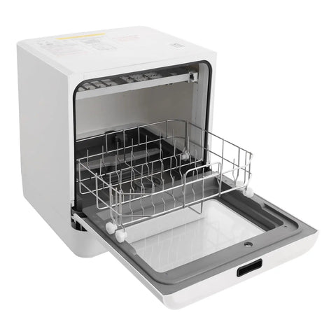 Heavy Duty Countertop Dishwasher With Four Smart Wash Cycles And Wide 360 Degree Rotating Spray, open view with dish rack.