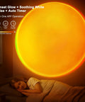 Person sleeping with Dope Glow LED Light Projector for Aesthetic Room Vibe projecting warm, sunset-inspired light on wall.