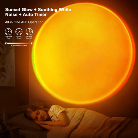 Person sleeping with Dope Glow LED Light Projector for Aesthetic Room Vibe projecting warm, sunset-inspired light on wall.