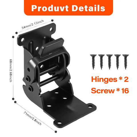 Built Tough Steel Folding Brackets With Self Locking Zero To One Eighty Degree Pivot Hinge No Sweat Setup Screws, showing dimensions and included screws.