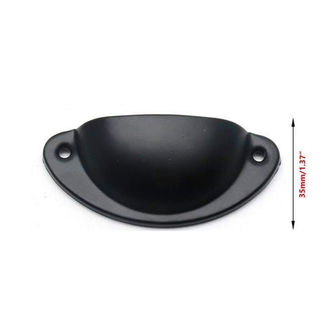 Black Cup Pulls Cabinet Handles Vintage Shell Shaped Decor Pulls shown in iron spray painted finish, with dimensions 35mm or 1.37 inches high.