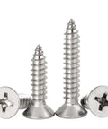 Heavy Duty Three Zero Four Stainless Steel Flat Head Sheet Metal Screws With Phillips Drive Self Tapping Points For Wood And Thin Metal Builds Built Tough For The Job Site No Nonsense Hardware Packaged In Twenty Pieces shown from an angled view.