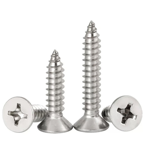 Heavy Duty Three Zero Four Stainless Steel Flat Head Sheet Metal Screws With Phillips Drive Self Tapping Points For Wood And Thin Metal Builds Built Tough For The Job Site No Nonsense Hardware Packaged In Twenty Pieces shown from an angled view.
