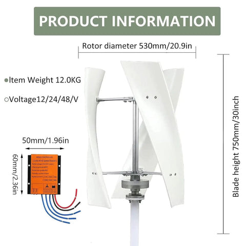 2000W Vertical Axis Wind Turbine With Permanent Magnet Generator And Smart Controller, blade and rotor dimensions