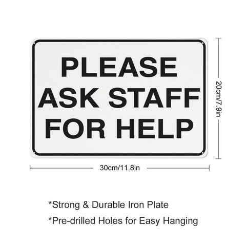Heavy Duty 8X12 Inch Tin Metal Sign Eyewash Station Inside Safety Warning Plaque For Shop Garage Yard Outdoor Wall Rust Resistant Man Cave And Workshop Hangout Decor showing a 'Please Ask Staff For Help' message.