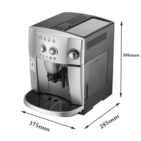 No Fuss Fully Automatic Coffee And Espresso Machine Featuring Silent Grinder, Dual Purpose Reservoir, 15 Bar Pressure, Manual Milk Frother, Kitchen MVP For Lattes And Mochas, angled view with dimensions.