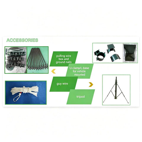 Accessories for 6 Meter Telescopic Aluminum Tripod Mast With Smooth Manual Winch Crank Lifting, including guy wire and U-clamp.