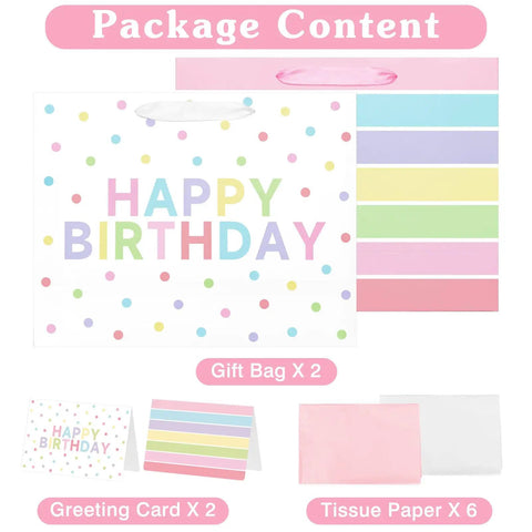 2-Pack 13 Inch Large Happy Birthday Gift Bags With Tissue Paper And Greeting Cards For Girls And Women Party Favors