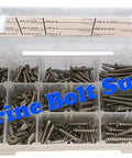 Type 316 stainless steel Phillips-drive flat-head sheet metal screws kit in a plastic organizer, Marine Bolt Supply