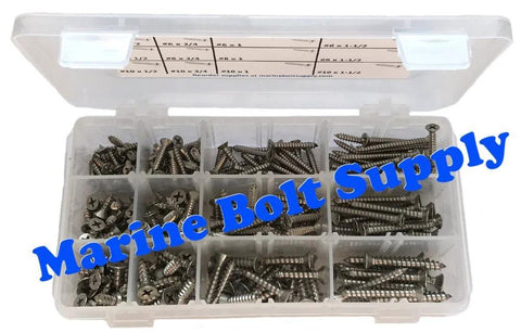 Type 316 stainless steel Phillips-drive flat-head sheet metal screws kit in a plastic organizer, Marine Bolt Supply