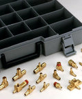Brass Barbed Tube Fitting Kit For Pneumatic Systems Fits 1/4 3/8 And 1/2 Inch Tubing with rustproof case and translucent lid