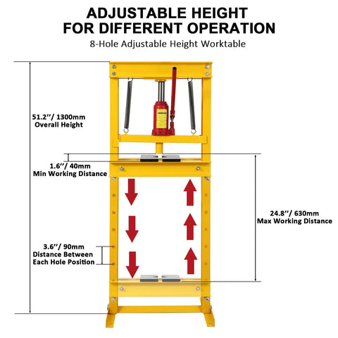 Detailed view of Dead Serious 12 Ton Hydraulic H Frame Shop Press With No Sweat Adjustable Table showing height adjustments and measurements.