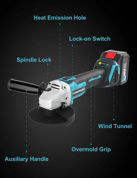 Cordless Four And A Half Inch Angle Grinder With 20V Brushless Motor 4Ah Battery And Fast Charge Up To 9000 RPM No Cable Hassle Built For Metal Cutting Grinding And Finishing Projects