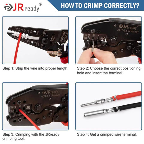 Illustration of crimping steps for Open Barrel Contact Kit For DTP DT DTM Connectors, wire stripping to terminal insertion