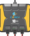 Front view of Three Bank 12V Battery Charger with 30A Total Output (10A Per Bank) Onboard Marine Charger and control panel.