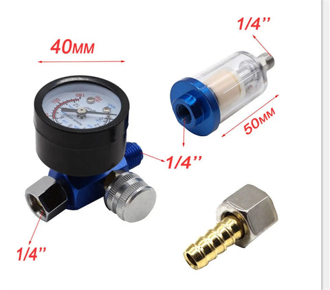 Badass Air Pressure Regulator With Precision Gauge And Slick Inline Water Filter, details on size and connections included.