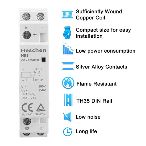 Household AC Contactor HSR1-16 16A 2 Pole 2NC With 24V DC Coil shown with features like compact size and low power consumption