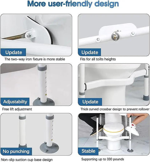 Heavy Duty Toilet Safety Rails For Seniors With Adjustable Carbon Steel Frame And Rock Solid Non Slip Design For No Fuss Bathroom Support And Straight Up Fall Protection Up To 330 Pounds Total Weight, showcasing stability and adjustability features.