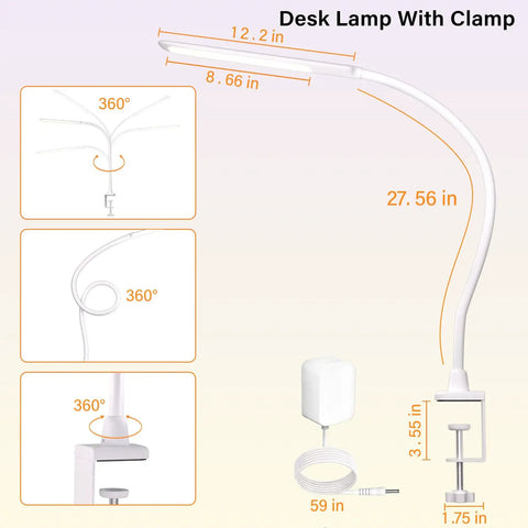 Gooseneck Clamp Desk Lamp With Touch Control Dimmable 10W Swing Arm Architect Lamp dimensions and features illustration