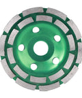 Image of a Double Row Diamond Grinding Wheel Disc For Concrete Granite Marble Polishing And Smoothing, Grindin Tough Masonry Stone Surfaces, Heavy Duty Grinder Tool 125 X 22.2 mm Long Lasting Abrasive Wheel showcasing its double row diamond segments and green disc design.