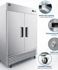 Heavy Duty Commercial Freezer Two Door Upright Reach In Stainless Steel NSF Certified 47 Cubic Feet with LED lights and safety features.