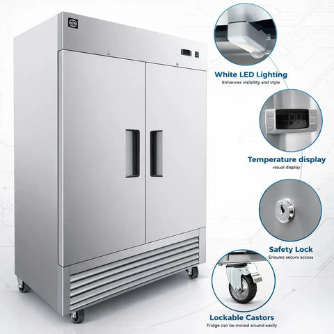 Heavy Duty Commercial Freezer Two Door Upright Reach In Stainless Steel NSF Certified 47 Cubic Feet with LED lights and safety features.