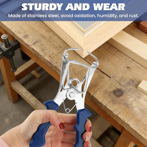 Hand holding spring-loaded plier from Eight Piece Miter Spring Clamps Set With Spring Loaded Pliers And Carabiner Adjustable From 0 To 2 Inches Solid Choice