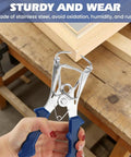 Spring Loaded Miter Clamp Kit, 10 Pack With Pliers And 8 Stainless Bevel Clips being used on wood trim, blue handle, rust resistant
