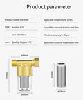 Reusable Brass Sediment Filter 40 Micron Water Filter For Washing Machines Garden RVs And Heaters Delivers High Flow Filtration Traps Sand Rust Debris And Fibers To Prevent Clothing Yellowing And Scale Build Up product parameters showing dimensions and materials