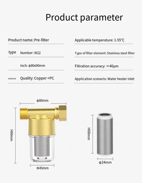 Reusable Brass Sediment Filter 40 Micron Water Filter For Washing Machines Garden RVs And Heaters Delivers High Flow Filtration Traps Sand Rust Debris And Fibers To Prevent Clothing Yellowing And Scale Build Up product parameters showing dimensions and materials