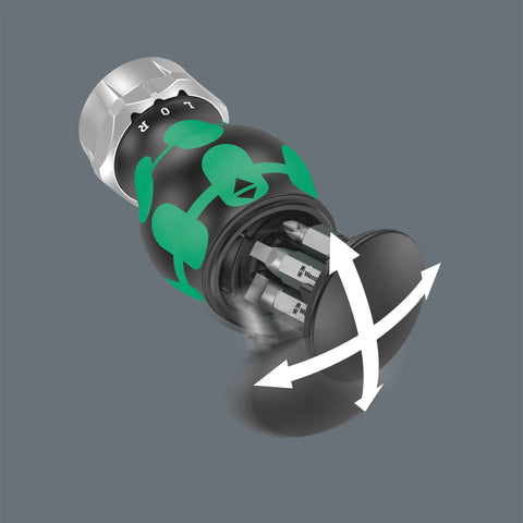 Stubby Ratchet Screwdriver With Bit Magazine, 6-Piece Set, showing handle opening with stored bits and directional arrows.