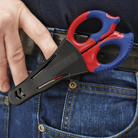 Electrician Shears With Precise Ground Stainless Steel Blades, Fine Serration For Clean Non Slip Cuts, Integrated Cable Cutter For Soft Wires, Plus Belt Holster For Fast On The Go Access And Easy Carry in use clipped to a belt