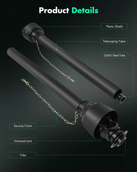 Tough As Nails Adjustable PTO Shaft With 48 To 80.5 Inch Telescopic Design And One Inch Three Eighths Spline close-up detail of security chain and universal joint