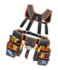 Heavy Duty Tool Belt With Double Layer Padded Suspenders Adjustable Straps Triple Stitched Oxford Fabric Hammer Pouch Organizer Rugged As Nails Equipment with tool compartments.