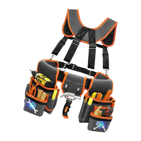 Heavy Duty Tool Belt With Double Layer Padded Suspenders Adjustable Straps Triple Stitched Oxford Fabric Hammer Pouch Organizer Rugged As Nails Equipment with tool compartments.