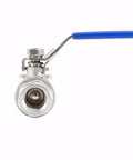 Front view: 3/4 in stainless steel full-port ball valve with blue vinyl handle and NPT female x female threads