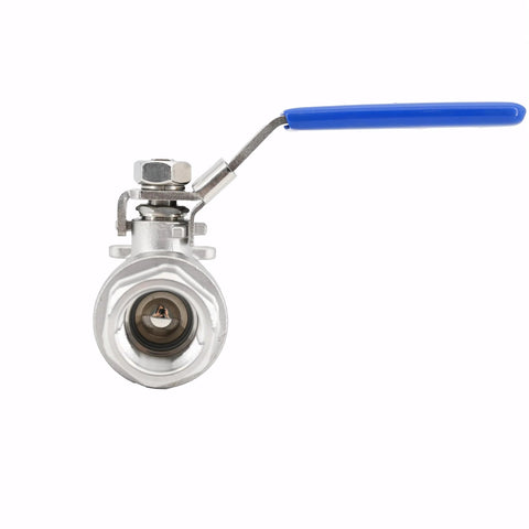Front view: 3/4 in stainless steel full-port ball valve with blue vinyl handle and NPT female x female threads
