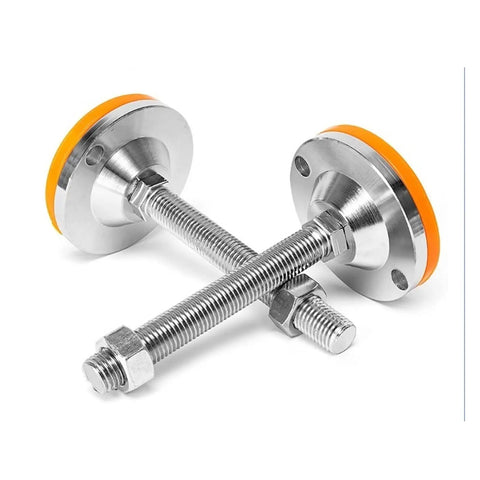 Heavy Duty Leveling Screw Legs With Adjustable Equipment Feet Built Tough As Nails Anti Skid Rubber Pads 1000 Lb Capacity close-up of metal leveling screws.