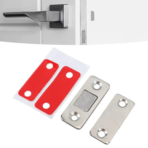Slim Magnetic Door Catch Kit In Stainless Steel 8 Pack Cabinet Latch With Adhesive Or Screw Mount shown with parts displayed