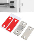 Magnetic Door Catch Set Ultra Thin Stainless Steel 8 Pack for cabinets and drawers shown with adhesive strips and metal plates.