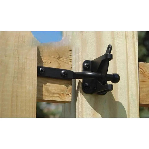 Heavy Duty Self Locking Gate Latch Built Tough For Wood Or Metal Backyard Gates, 4.1 inch galvanized steel latch mounted on wood.