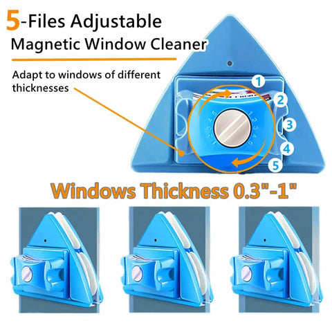 Top Shelf Double Sided Magnetic Window Cleaner With Adjustable Magnet Strength Five Gear Glass Wiper Tool For High Rise Apartments And Thick Double Glazed Homes showing adjustable settings for window thickness.