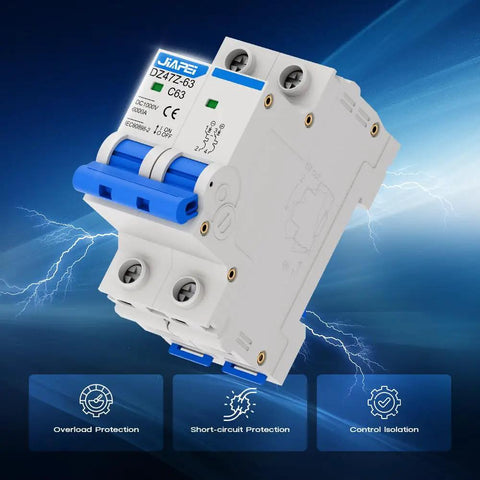 Rock Solid Miniature Circuit Breaker 1000V 2 Pole 63 Amp Isolator For Solar PV Systems With Thermal Magnetic Trip DIN Rail Mount C63 DC Disconnect Switch For Instant Overcurrent Protection, front view