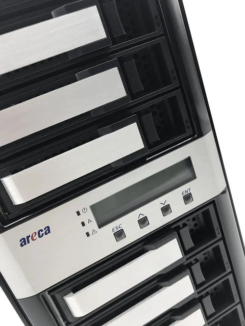 Heavy Duty Workhorse Eight Bay Thunderbolt 3 Usb 32 Gen 2 Raid Enclosure Connecting Sata And Sas Drives, top view showing drive bays and controls.