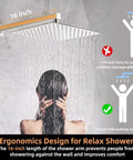 Lux Rainfall Shower System With 10 Inch Square Shower Head Brushed Nickel Finish, person enjoying rainfall from 16-inch shower arm