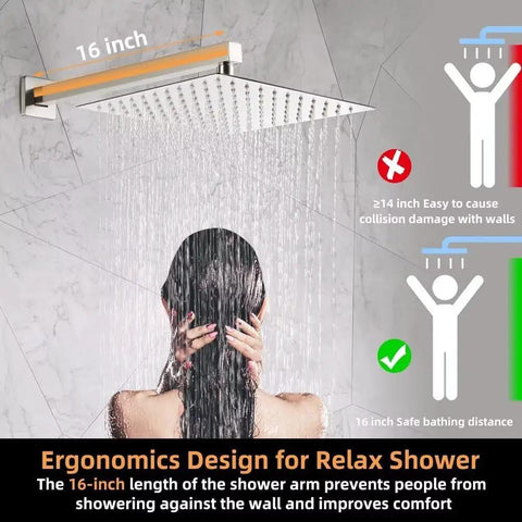 Lux Rainfall Shower System With 10 Inch Square Shower Head Brushed Nickel Finish, person enjoying rainfall from 16-inch shower arm
